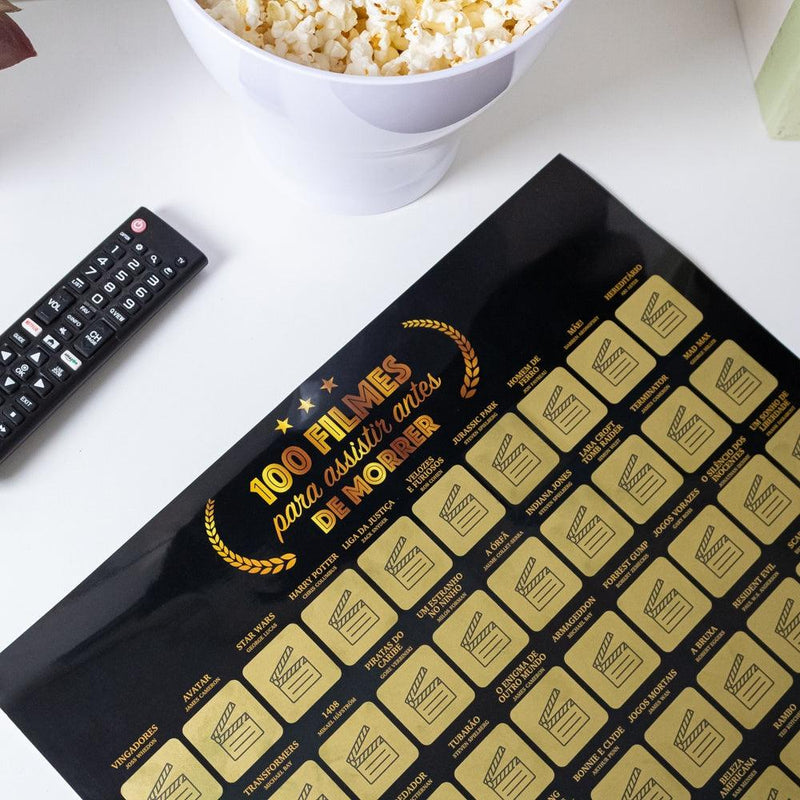 Kit Pipoca Branco + Pôster Raspadinha 100 Filmes para Assistir Antes de Morrer