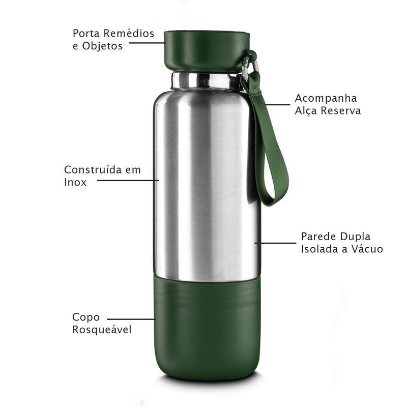 Garrafa em Inox Parede Dupla 500ml Com Copo e Porta Objetos Verde