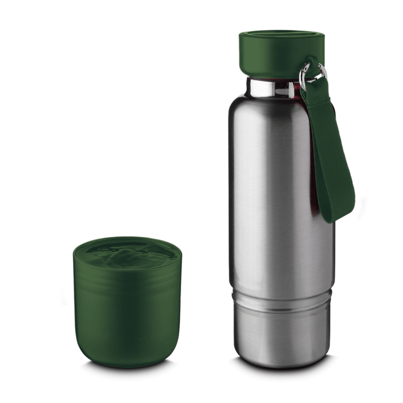 Garrafa em Inox Parede Dupla 500ml Com Copo e Porta Objetos Verde