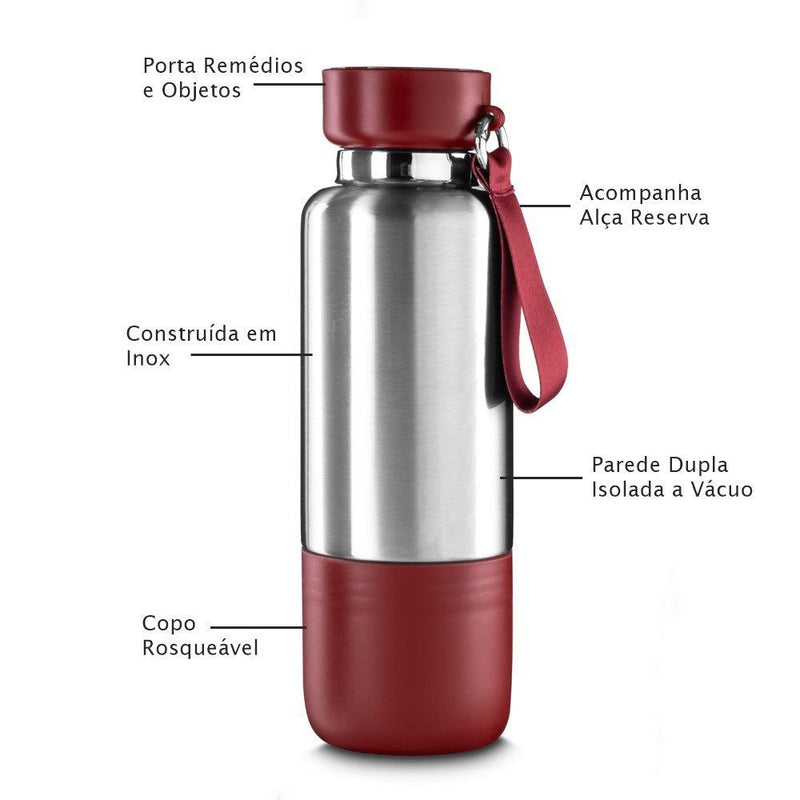 Garrafa em Inox Parede Dupla 500ml Com Copo e Porta Objetos Vermelha